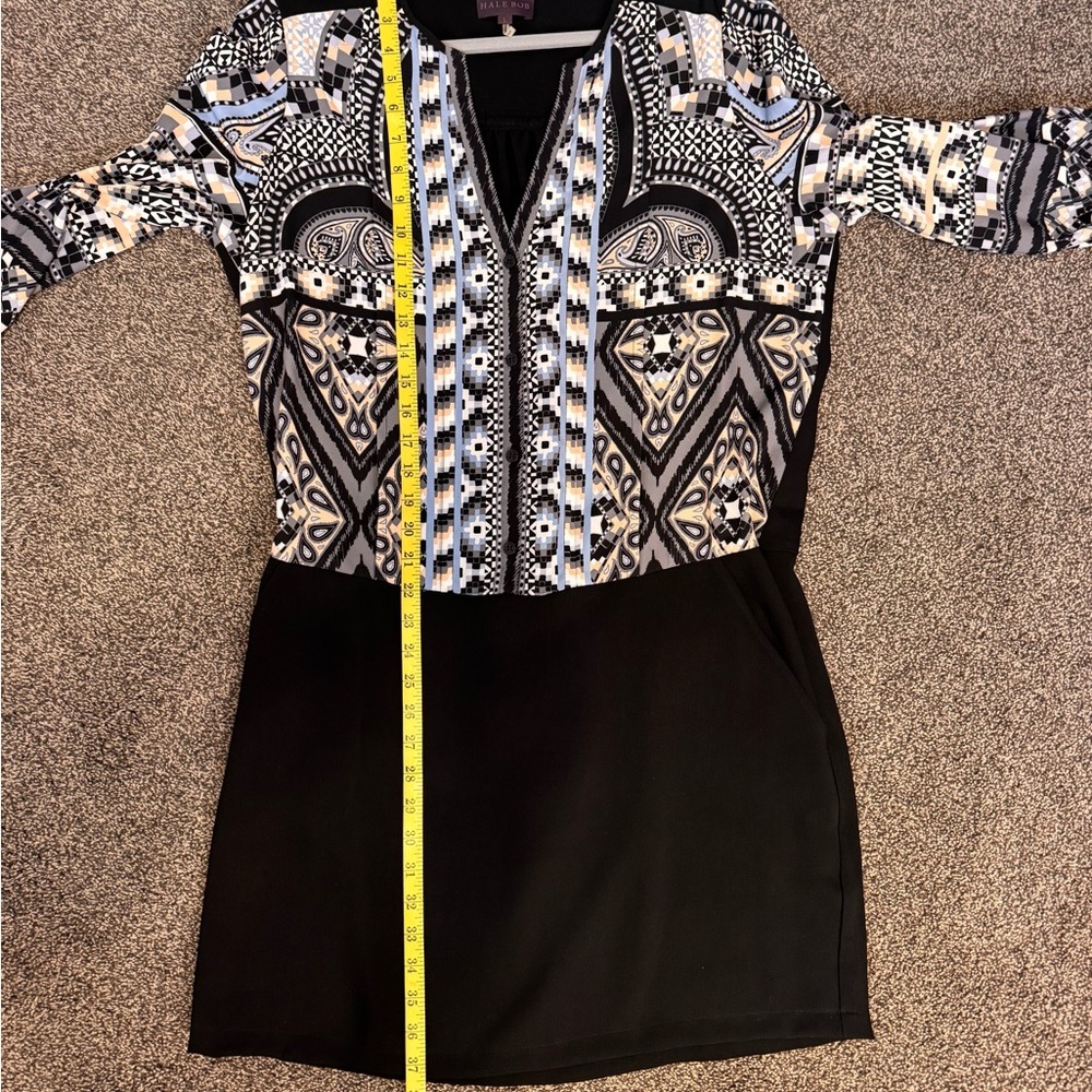 Hale Bob Black White Blue Tan Design Long Sleeve Pullover Dress Sz L Knee Length - Picture 16 of 16